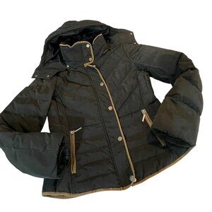 H&M Brown Hooded Women size 6 Down Puffer Jacket With Tan Trim & Zip Pockets